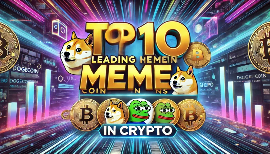 Thiết kế lại giúp tôi hình ảnh kích thước: hình chữ nhật Chèn giúp tôi title: Top 10 Leading Meme Coins in Crypto