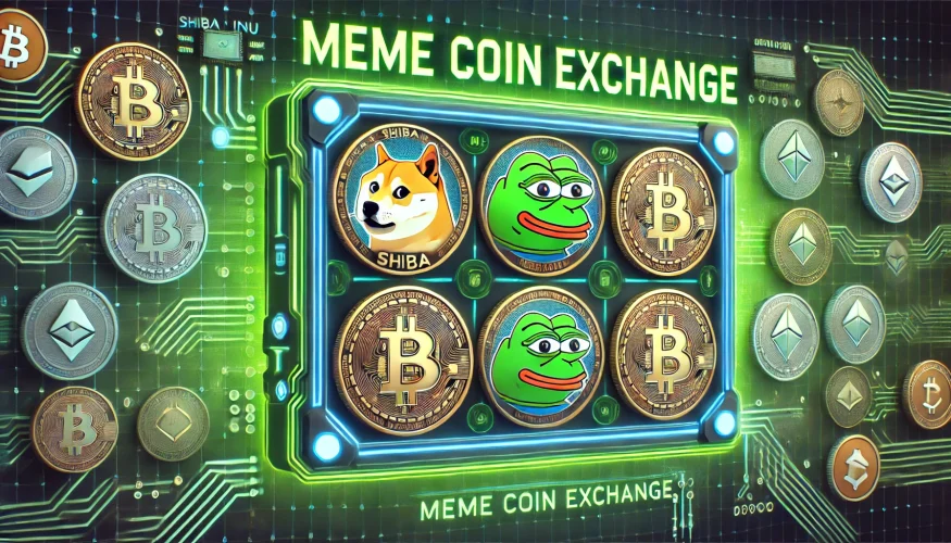 A rectangular digital design showcasing meme coins, including symbols of popular meme cryptocurrencies like Shiba Inu, Pepe the Frog, and Dogecoin.