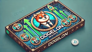 DALL·E 2024 11 23 15.44.36 A horizontal rectangular design featuring Dogelon Mars ELON cryptocurrency coins with a cartoon Shiba Inu mascot in a suit on the coins. Include upw